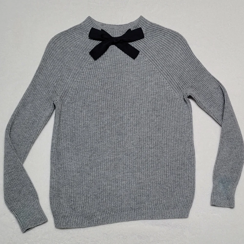 J. Crew Gayle Gray Knit Black Bow-Tie Mockneck Drop-Shoulder Pull-over Sweater